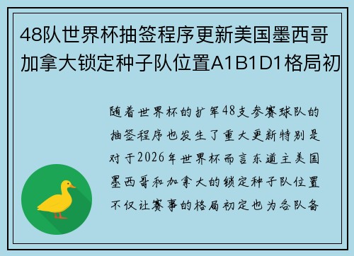 48队世界杯抽签程序更新美国墨西哥加拿大锁定种子队位置A1B1D1格局初定